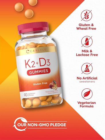 Carlyle Vitamin D3 + K2 Gummies | 90 Count | 5,000 IU of D3 + 100 mcg MK7 | Vegetarian, Non-GMO, and Gluten Free Vitamin Supplement in Saudi Arabia