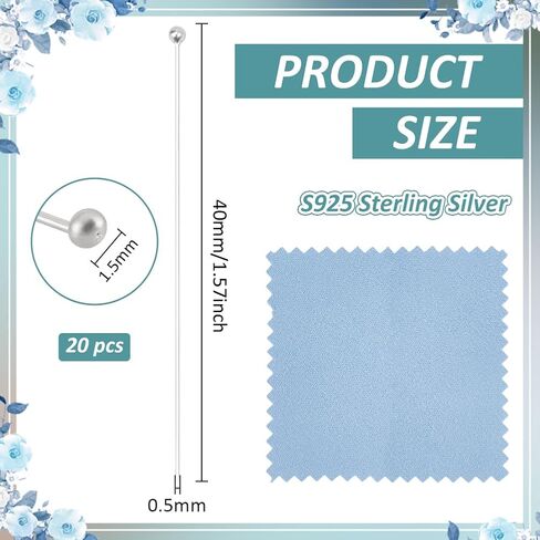 BENECREAT 20Pcs 925 Sterling Silver Ball Head Pins, 24 Gauge Silver Ball Pins, Round Ball HeadPins with Polishing Cloth for DIY Jewelry & Handmade Crafts, 1.57inch Long in Kuwait