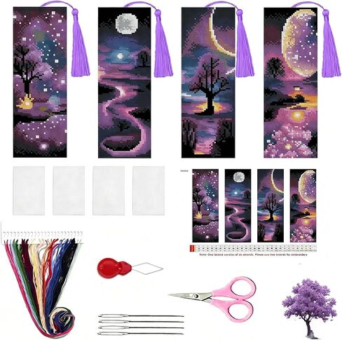4PC Blue Bookshelf Counted Cross Stitch Bookmark Kit for Adults Beginners, 14CT Pre-Printed DIY Stamped Bookmarks Embroidery Kit Handmade Supplies Full Accessory Crafts for Adults 8''x2.4'' in Kuwait