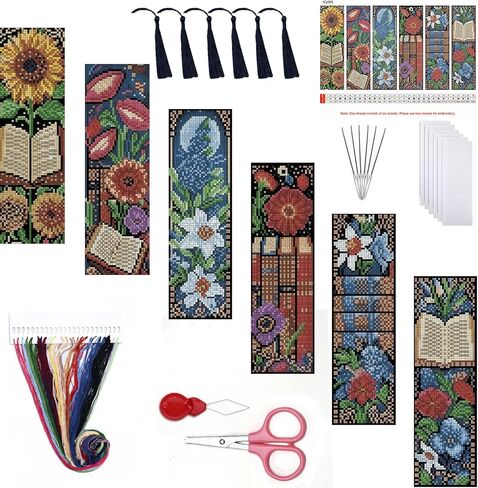 4PC Blue Bookshelf Counted Cross Stitch Bookmark Kit for Adults Beginners, 14CT Pre-Printed DIY Stamped Bookmarks Embroidery Kit Handmade Supplies Full Accessory Crafts for Adults 8''x2.4'' in Saudi Arabia