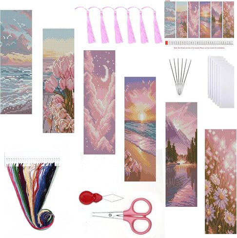 4PC Blue Bookshelf Counted Cross Stitch Bookmark Kit for Adults Beginners, 14CT Pre-Printed DIY Stamped Bookmarks Embroidery Kit Handmade Supplies Full Accessory Crafts for Adults 8''x2.4'' in Saudi Arabia