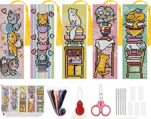4PC Blue Bookshelf Counted Cross Stitch Bookmark Kit for Adults Beginners, 14CT Pre-Printed DIY Stamped Bookmarks Embroidery Kit Handmade Supplies Full Accessory Crafts for Adults 8''x2.4'' in Saudi Arabia