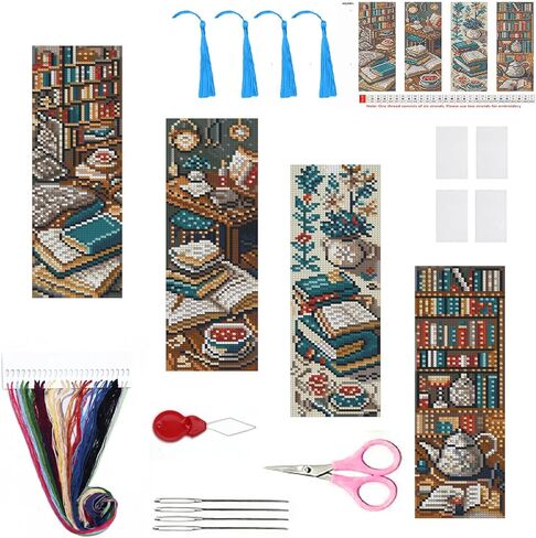 4PC Blue Bookshelf Counted Cross Stitch Bookmark Kit for Adults Beginners, 14CT Pre-Printed DIY Stamped Bookmarks Embroidery Kit Handmade Supplies Full Accessory Crafts for Adults 8''x2.4'' in Saudi Arabia
