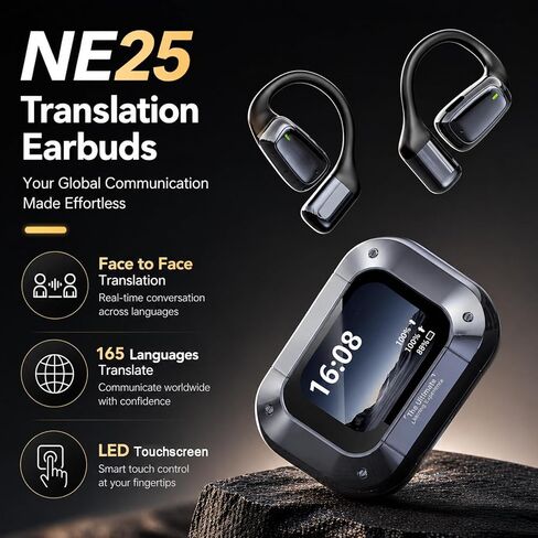 NE25 AI Translation Earbuds Real Time, Open Ear Translator Earbuds with 165 Languages, LCD Touch Screen and 7 Modes for Travel Business Learning in Kuwait