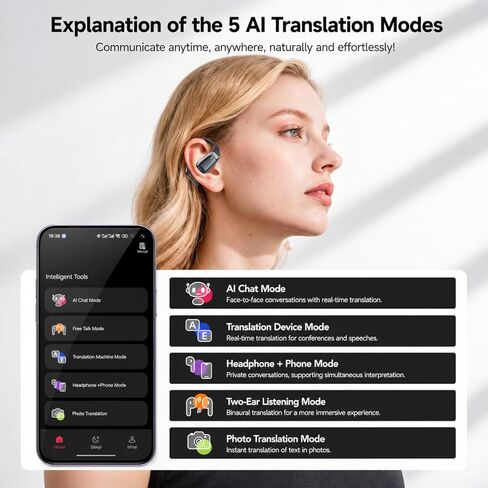 NE25 AI Translation Earbuds Real Time, Open Ear Translator Earbuds with 165 Languages, LCD Touch Screen and 7 Modes for Travel Business Learning in Kuwait
