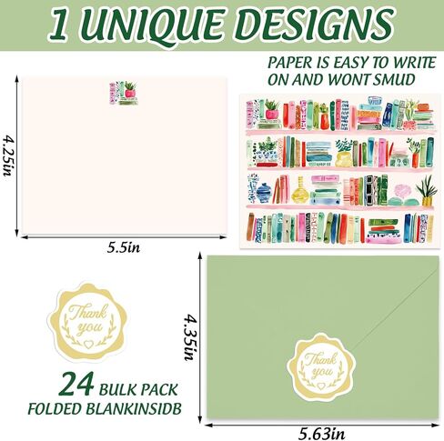 Whaline 24 Pack Bookshelf Stationery Cards with Envelopes Stickers Watercolor Plant Shelf Blank Note Cards Double-Sided Greeting Card for Housewarming Thank You Birthday in Kuwait
