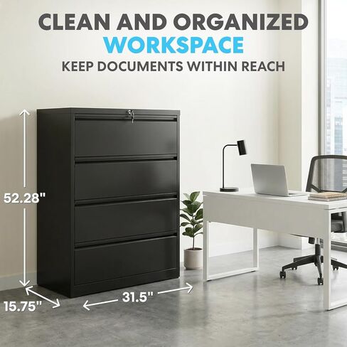 Simpli-Magic 4 Drawer Lateral File Cabinet with Lock Metal Filing Cabinet for Home Office with Business Card Holder Hanging Letter Legal F4 A4 Black in Kuwait