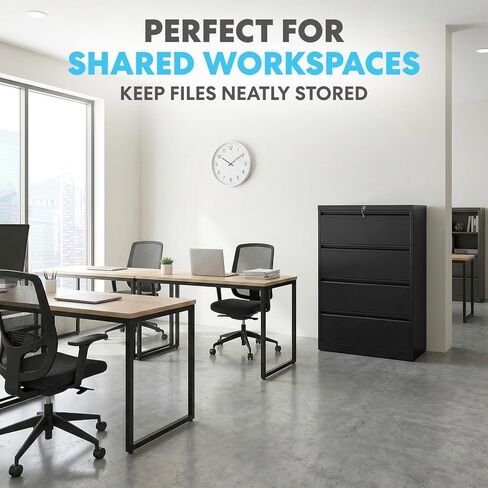 Simpli-Magic 4 Drawer Lateral File Cabinet with Lock Metal Filing Cabinet for Home Office with Business Card Holder Hanging Letter Legal F4 A4 Black in Kuwait