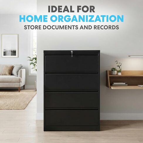 Simpli-Magic 4 Drawer Lateral File Cabinet with Lock Metal Filing Cabinet for Home Office with Business Card Holder Hanging Letter Legal F4 A4 Black in Kuwait