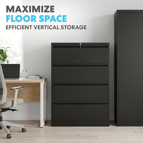 Simpli-Magic 4 Drawer Lateral File Cabinet with Lock Metal Filing Cabinet for Home Office with Business Card Holder Hanging Letter Legal F4 A4 Black in Kuwait