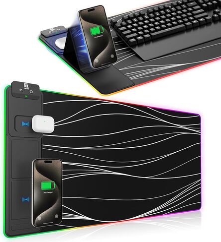 لوحة ماوس XXL مع حامل هاتف - أسود، حصيرة مكتب RGB مع شحن سريع 15 وات، لوحة ماوس ألعاب LED مع 11 لونًا فاتحًا، وسادة مقاومة للماء غير قابلة للانزلاق للمكتب والمنزل in Kuwait