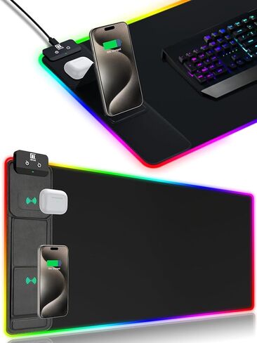 لوحة ماوس XXL مع حامل هاتف - أسود، حصيرة مكتب RGB مع شحن سريع 15 وات، لوحة ماوس ألعاب LED مع 11 لونًا فاتحًا، وسادة مقاومة للماء غير قابلة للانزلاق للمكتب والمنزل in Kuwait