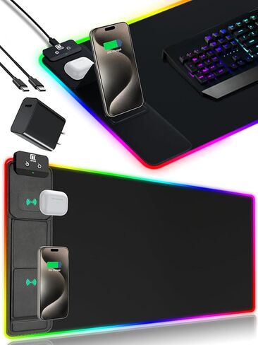 لوحة ماوس XXL مع حامل هاتف - أسود، حصيرة مكتب RGB مع شحن سريع 15 وات، لوحة ماوس ألعاب LED مع 11 لونًا فاتحًا، وسادة مقاومة للماء غير قابلة للانزلاق للمكتب والمنزل in Kuwait