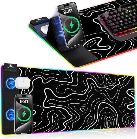 لوحة ماوس XXL مع حامل هاتف - أسود، حصيرة مكتب RGB مع شحن سريع 15 وات، لوحة ماوس ألعاب LED مع 11 لونًا فاتحًا، وسادة مقاومة للماء غير قابلة للانزلاق للمكتب والمنزل in Kuwait