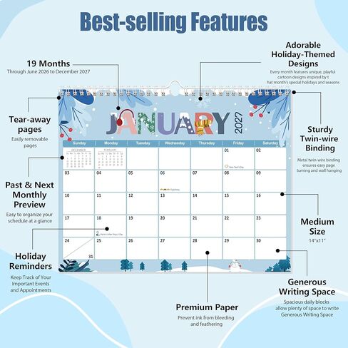 GuassLee Wall Calendar 2026-2027, 19 Months Running from Jun. 2026 to Dec. 2027, 14" X 11" Paper Hanging Planner Wall with Thick Paper for Office Home Planning & Organizing in Kuwait
