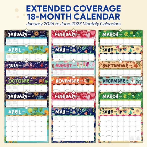 Decorably 18 Months Colorful Landscape Wall Calendar with Stickers January 2026 to June 2027, 14.5x11.5in Spring-Bound Sheets with Inspirational Quotes for Office, Home and School in Kuwait
