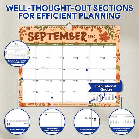 Decorably 18 Months Colorful Landscape Wall Calendar with Stickers January 2026 to June 2027, 14.5x11.5in Spring-Bound Sheets with Inspirational Quotes for Office, Home and School in Kuwait