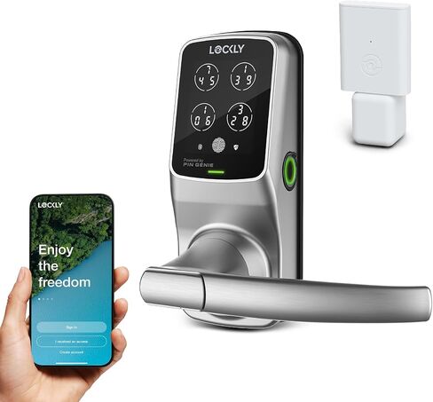 Lockly Secure Pro Smart Lock Wi-Fi، قفل باب لوحة المفاتيح الرقمية للدخول بدون مفتاح، مستشعر بصمات الأصابع البيومترية ثلاثي الأبعاد للباب الأمامي مع مقبض، التحكم الصوتي والقفل التلقائي - إصدار المزلاج in Kuwait
