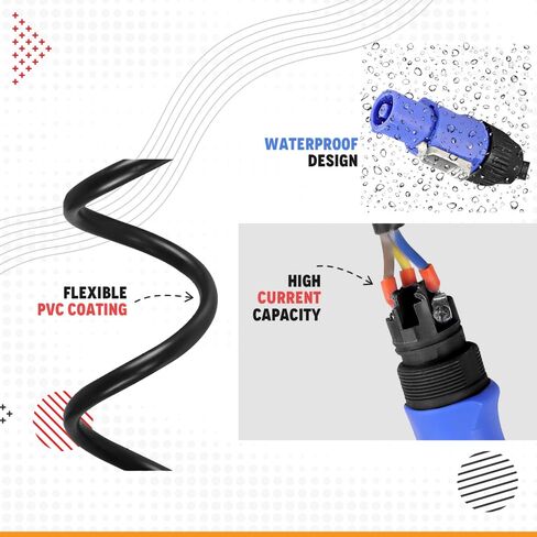 كابل Rasha Professional Power Jumper - Powercon-to-Powercon، 3 أسلاك 14AWG، مقاوم لدرجة الحرارة العالية/الضغط (+105 درجة فهرنهايت)، ضمان لمدة عامين، مناسب تمامًا للاتصال الآمن (عبوة من 4 قطع، 10 أقدام) in Kuwait