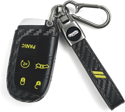 Key Fob Cover for Dodge with Leather Keychain, Silicone Car Key Case Fits for Dodge Charger Challenger Dart Durango Journey Hornet Grand Jeep Cherokee Dart 5 Bottons Carbon Red Car Shell in Saudi Arabia