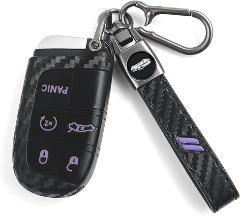 Key Fob Cover for Dodge with Leather Keychain, Silicone Car Key Case Fits for Dodge Charger Challenger Dart Durango Journey Hornet Grand Jeep Cherokee Dart 5 Bottons Carbon Red Car Shell in Saudi Arabia