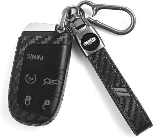 Key Fob Cover for Dodge with Leather Keychain, Silicone Car Key Case Fits for Dodge Charger Challenger Dart Durango Journey Hornet Grand Jeep Cherokee Dart 5 Bottons Carbon Red Car Shell in Saudi Arabia
