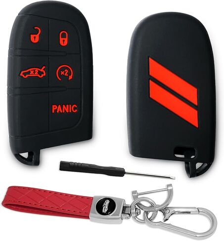 Key Fob Cover for Dodge with Leather Keychain, Silicone Car Key Case Fits for Dodge Charger Challenger Dart Durango Journey Hornet Grand Jeep Cherokee Dart 5 Bottons Carbon Red Car Shell in Saudi Arabia