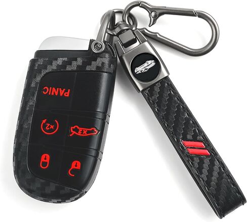 Key Fob Cover for Dodge with Leather Keychain, Silicone Car Key Case Fits for Dodge Charger Challenger Dart Durango Journey Hornet Grand Jeep Cherokee Dart 5 Bottons Carbon Red Car Shell in Saudi Arabia