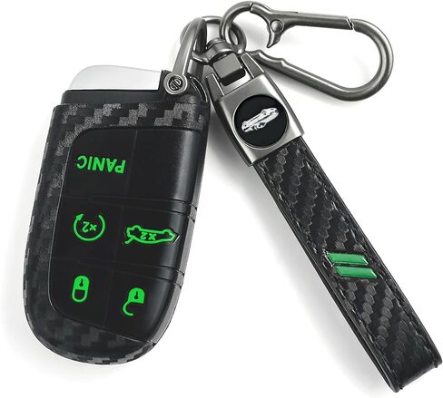 Key Fob Cover for Dodge with Leather Keychain, Silicone Car Key Case Fits for Dodge Charger Challenger Dart Durango Journey Hornet Grand Jeep Cherokee Dart 5 Bottons Carbon Red Car Shell in Saudi Arabia