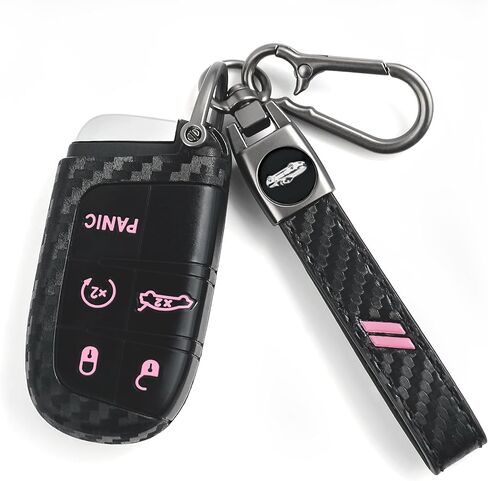 Key Fob Cover for Dodge with Leather Keychain, Silicone Car Key Case Fits for Dodge Charger Challenger Dart Durango Journey Hornet Grand Jeep Cherokee Dart 5 Bottons Carbon Red Car Shell in Saudi Arabia