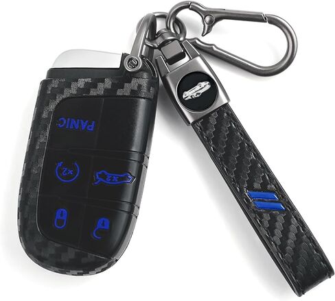 Key Fob Cover for Dodge with Leather Keychain, Silicone Car Key Case Fits for Dodge Charger Challenger Dart Durango Journey Hornet Grand Jeep Cherokee Dart 5 Bottons Carbon Red Car Shell in Saudi Arabia