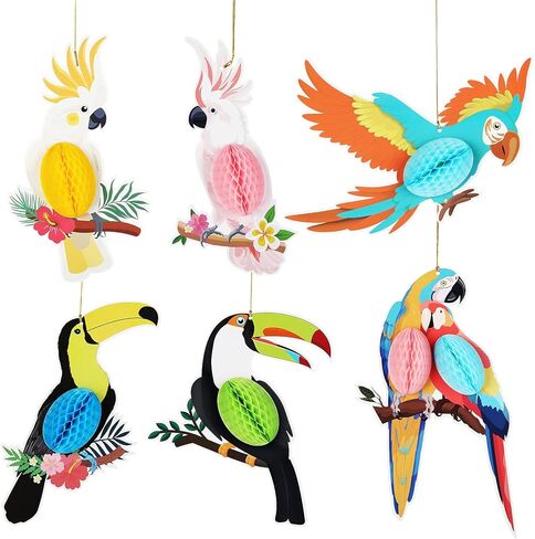 Tropical Party Supplies Tropical Birds Honeycomb Paper Hanging Decorations, 6 Pieces, Multicolor, Hawaiian Parrot Rainforest Theme, for Luau Party in Kuwait
