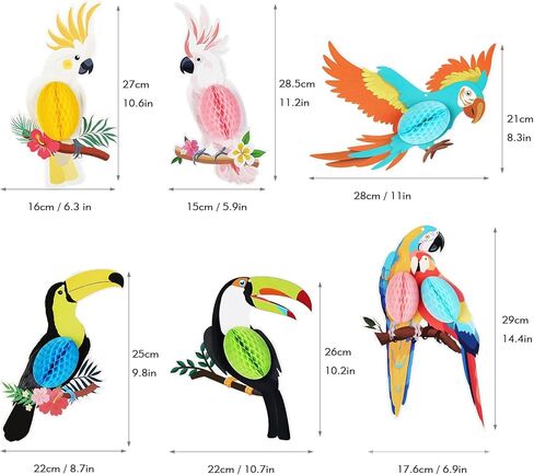Tropical Party Supplies Tropical Birds Honeycomb Paper Hanging Decorations, 6 Pieces, Multicolor, Hawaiian Parrot Rainforest Theme, for Luau Party in Kuwait
