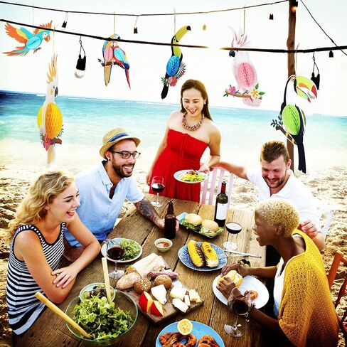 Tropical Party Supplies Tropical Birds Honeycomb Paper Hanging Decorations, 6 Pieces, Multicolor, Hawaiian Parrot Rainforest Theme, for Luau Party in Kuwait
