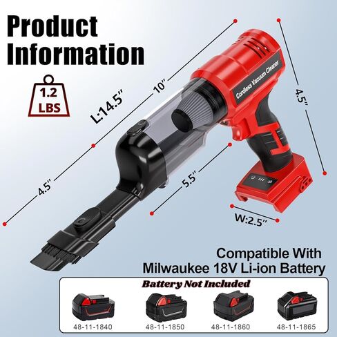 Cordless Handheld Vacuum Cleaner for Milwaukee 18V Battery: 3-Speed Modes Portable Vacuum with 20kPa 105AW Powerful Suction for Car, Pet Hair, Home Cleaning (Tool Only) in Kuwait
