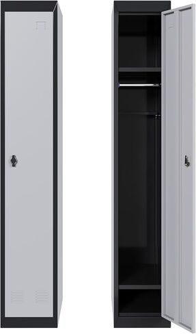 72" Tall Single-Door Metal Locker with Key, Heavy Duty Steel Storage Cabinet with Shelves, Lockable Employee Locker for School, Office, Gym, Home, Garage, Grey & Black in Kuwait