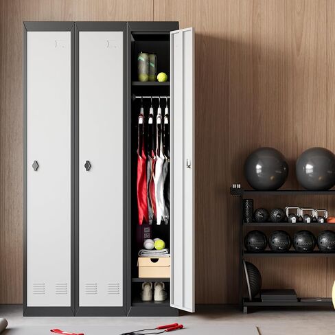 72" Tall Single-Door Metal Locker with Key, Heavy Duty Steel Storage Cabinet with Shelves, Lockable Employee Locker for School, Office, Gym, Home, Garage, Grey & Black in Kuwait