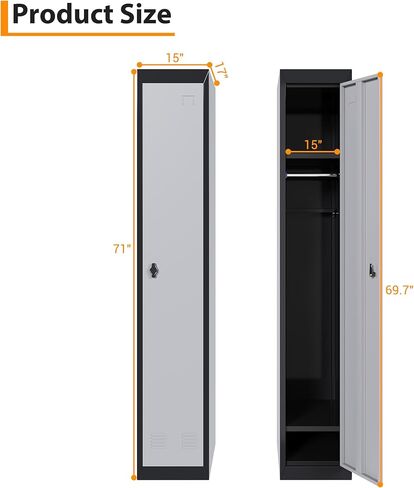 72" Tall Single-Door Metal Locker with Key, Heavy Duty Steel Storage Cabinet with Shelves, Lockable Employee Locker for School, Office, Gym, Home, Garage, Grey & Black in Kuwait