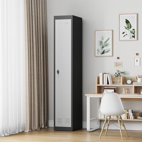72" Tall Single-Door Metal Locker with Key, Heavy Duty Steel Storage Cabinet with Shelves, Lockable Employee Locker for School, Office, Gym, Home, Garage, Grey & Black in Kuwait