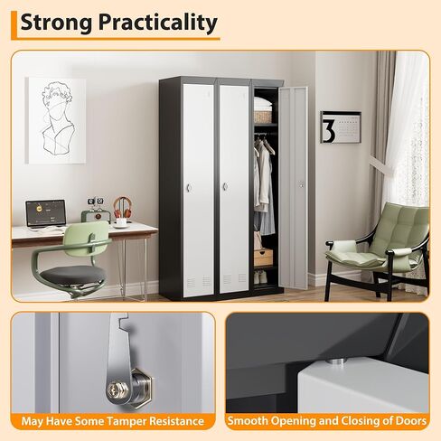 72" Tall Single-Door Metal Locker with Key, Heavy Duty Steel Storage Cabinet with Shelves, Lockable Employee Locker for School, Office, Gym, Home, Garage, Grey & Black in Kuwait