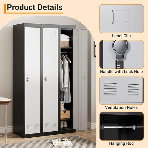 72" Tall Single-Door Metal Locker with Key, Heavy Duty Steel Storage Cabinet with Shelves, Lockable Employee Locker for School, Office, Gym, Home, Garage, Grey & Black in Kuwait