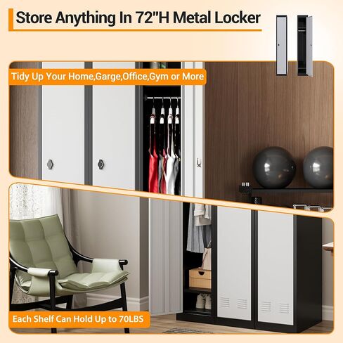 72" Tall Single-Door Metal Locker with Key, Heavy Duty Steel Storage Cabinet with Shelves, Lockable Employee Locker for School, Office, Gym, Home, Garage, Grey & Black in Kuwait