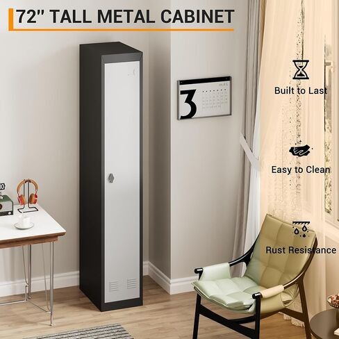 72" Tall Single-Door Metal Locker with Key, Heavy Duty Steel Storage Cabinet with Shelves, Lockable Employee Locker for School, Office, Gym, Home, Garage, Grey & Black in Kuwait