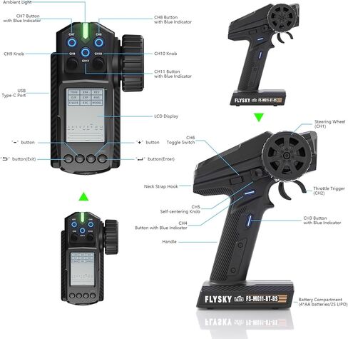 Flysky FS-MG11 2.4GHz 11CH Radio Transmitter with FS-R11P Receiver, IBUS 2A-BS Protocol Remote Controller with Receiver for RC Car Boat in Kuwait