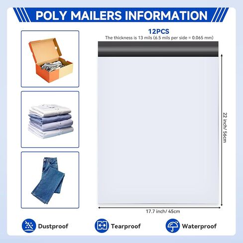 17.7 X 22 Inches Poly Mailers, Large Shipping Bags for Clothes, Plastic Envelopes Mailing Packaging Bags (White, 17.7 X 22 Inch/ 12 PCS) in Kuwait
