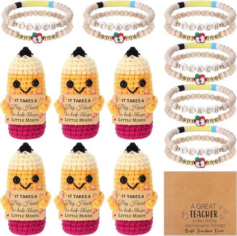 Wewounyl 6 Set Teacher Appreciation Gifts Bulk Crochet Pencil Apple Beads Bracelets with Thank You Teach Cards for Graduation Teacher's Day End of Year Teacher Gifts for Women Men Teachers in Kuwait