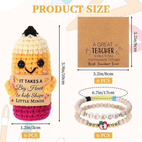 Wewounyl 6 Set Teacher Appreciation Gifts Bulk Crochet Pencil Apple Beads Bracelets with Thank You Teach Cards for Graduation Teacher's Day End of Year Teacher Gifts for Women Men Teachers in Kuwait
