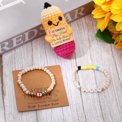 Wewounyl 6 Set Teacher Appreciation Gifts Bulk Crochet Pencil Apple Beads Bracelets with Thank You Teach Cards for Graduation Teacher's Day End of Year Teacher Gifts for Women Men Teachers in Kuwait