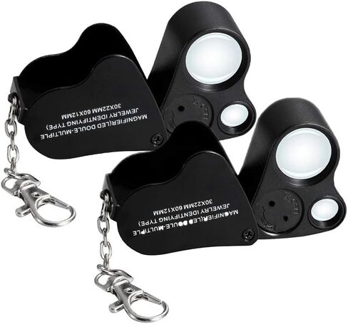 Jiusion Portable Lighted LED Illuminated Jewelry Magnifier 30X 60X Wearable Handheld Dual Lens Eye Loupe Magnifying Glasses Micro Microscope with Keychain and Lanyard in Kuwait