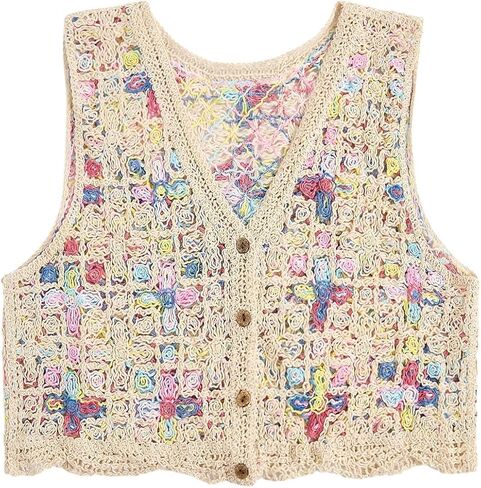 GORGLITTER Women's Crochet Knit Sweater Vest Sleeveless Button Front Cropped Vests in Saudi Arabia